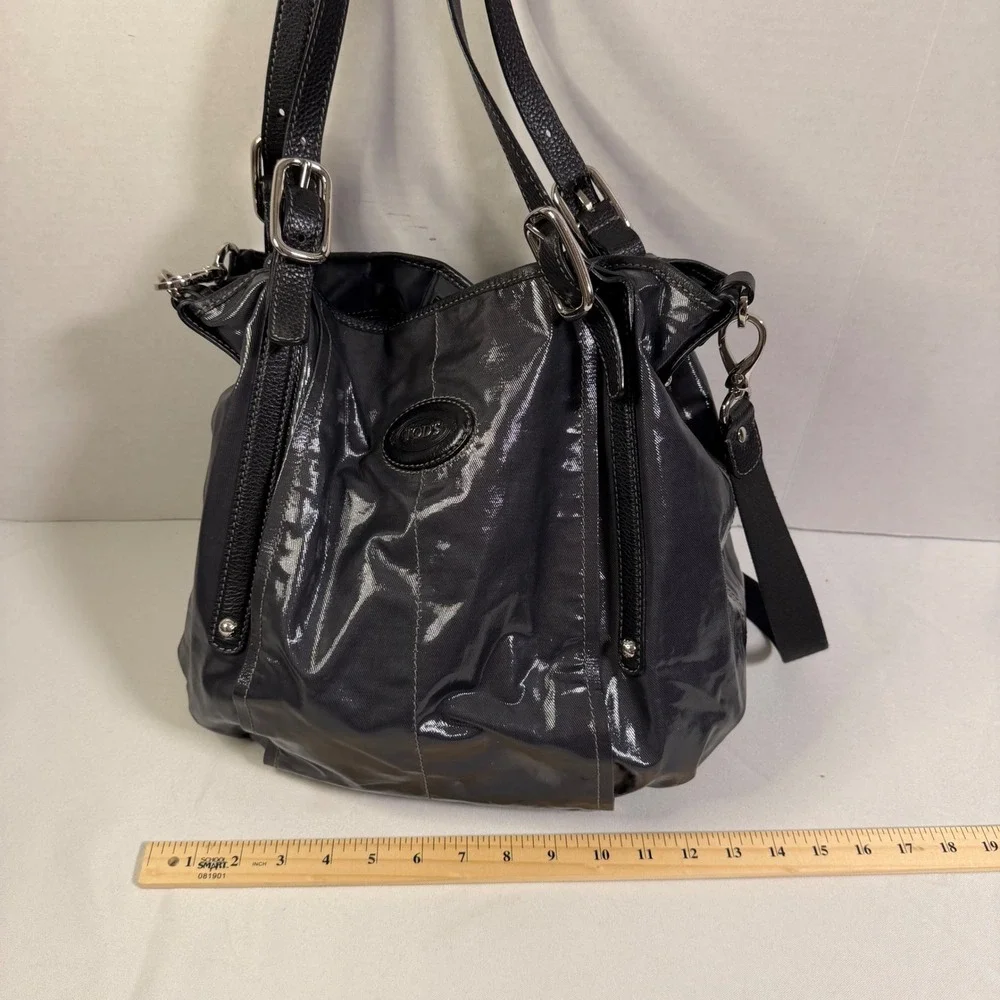 Tod's G-Bag Medium Tote Black Coated Canvas Leather Trim Adjustable Strap Luxury